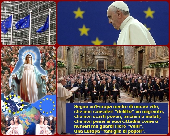 Papa Francesco: "Sogno un’Europa madre di nuove vite, che non consideri “delitto” un migrante, che non scarti poveri, anziani e malati, che non pensi ai suoi cittadini come a numeri ma guardi i loro “volti”. In definitiva, a un’Europa “famiglia di popoli”.