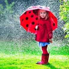 Little girl with red umbrella playing in the rain. Kids play outdoors by rainy weather in fall. Autumn outdoor fun for children. Toddler kid in raincoat and boots walking in the garden. Summer shower.