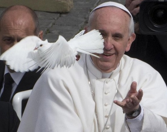 Papa Francesco libera dalla gabbia una colomba, che gli era stata offerta in dono. La colomba spicca il volo in un lieto auspicio di pace: la gente si augura che sarà lui il Papa della pax mondiale.